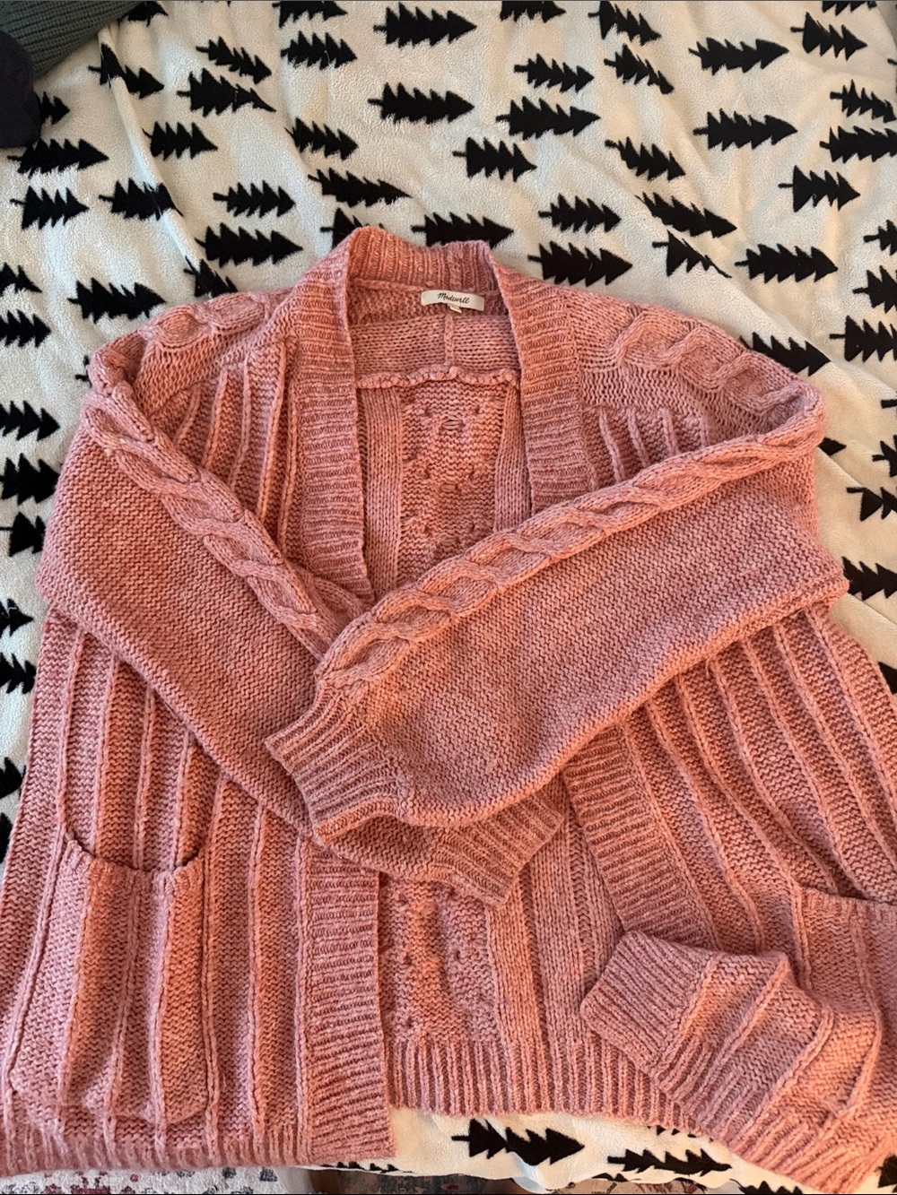 Madewell Cozy Cable-Knit Open Cardigan Sweater - Dusty Rose